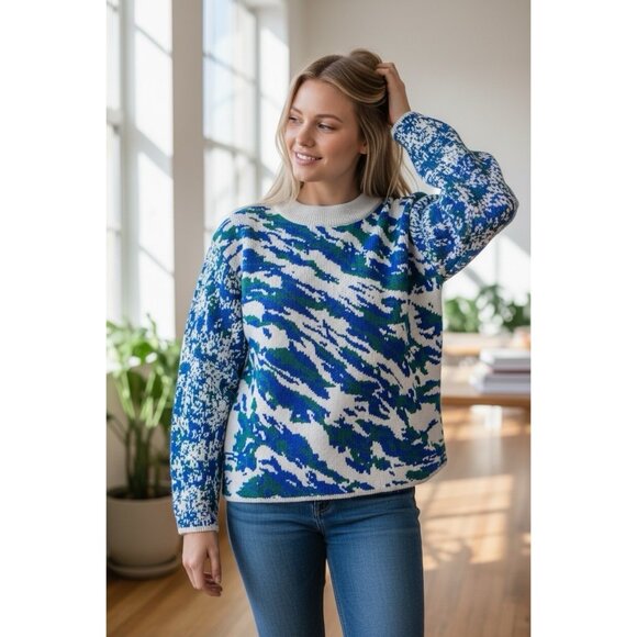 Lululemon Merino Wool Blend Abstract Knit Sweater Blue Green Size 2 - Picture 2 of 10